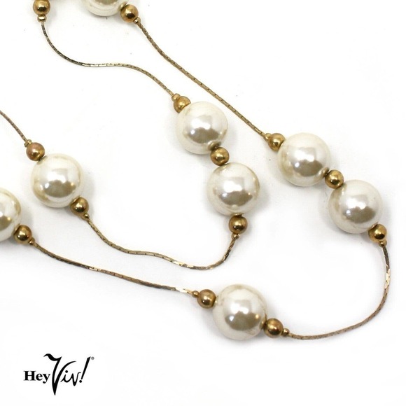 Vintage Single Strand 40" Gold & Pearl Necklace Wear Long or Looped - Hey Viv - Picture 5 of 6